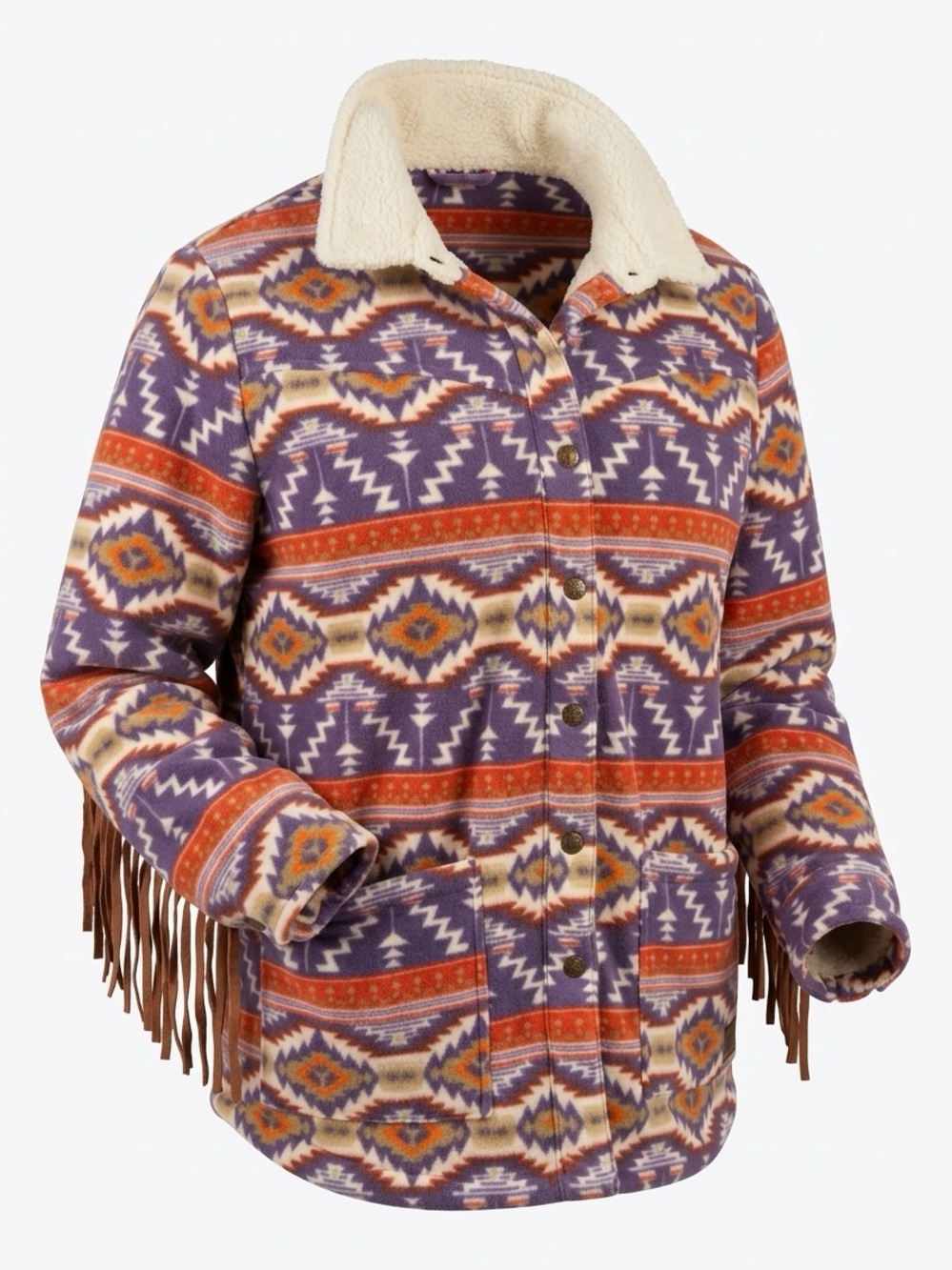 Women's Aztec-Pattern Sherpa Collar Ski Jacket in Purple and Rust